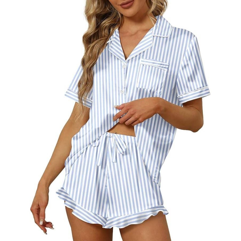 Satin Striped Pajama Set Womens M Blue White Short Sleeve Ruffle Shorts Coquette